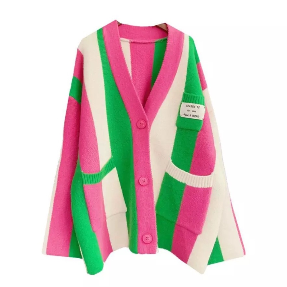 Stripe cardigan pink wide sleeve pocket sweater - Picture 10 of 13